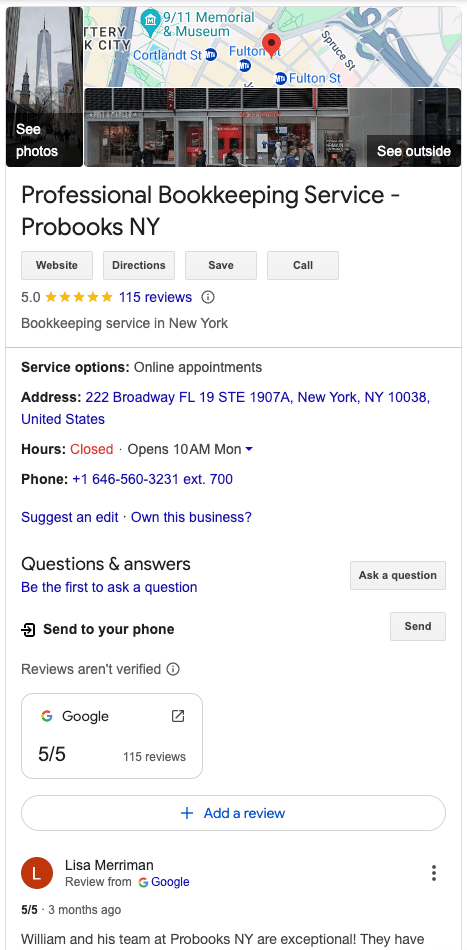 google my business listing to get bookkeeping clients