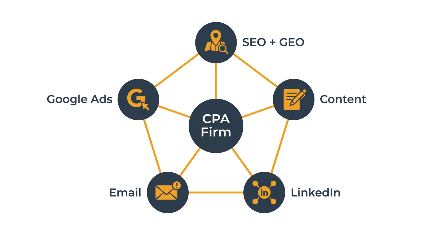 Modern digital marketing visibility system for CPA firms — SEO, content, social, ads, email working together